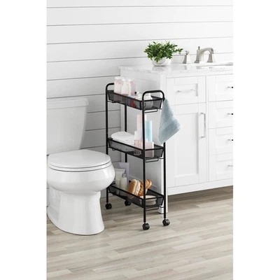 3-Tier Rolling Bathroom Storage Cart W/ Hooks Slim Organizer Steel Shelves Black Foto 1 de 4
