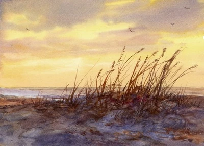 PAISAJE MARINO - Puesta de sol costera "Dunas de arena y avena marina" - Acuarela por LINDA HENRY Foto 1 de 4