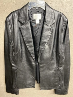 Hugo Buscati Black Leather Jacket Women’s Size Large, Open Front, Lined, Pockets - Image 1 of 4
