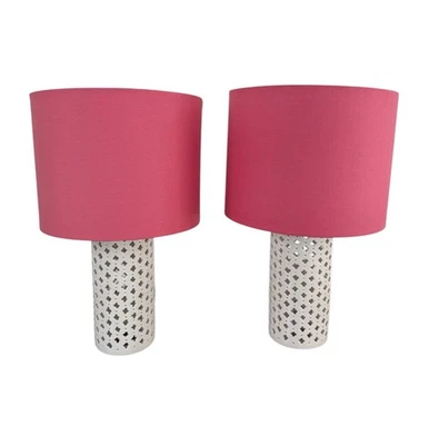 Pair White Ceramic Lattice Table Lamps w/ Pink Drum Shades Modern Coastal - Image 1 of 4