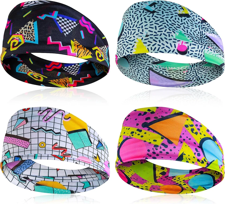 4 peças lenços de cabeça com estampa retrô 80s bandana neon faixa de cabeça ioga esporte tubarão - Imagem 1 de 4