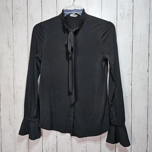 Long Tall Sally Women's Black Button Up Knit Shirt Pussy Bow Size XS Ruffles - Picture 1 of 6