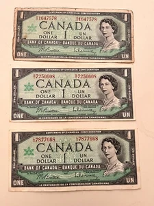 Lot of 3-1967 Canada One 1 Dollar Centennial Canadian Banknote - Picture 1 of 2