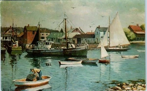 "Der Hafen" Lobsterman im Vordergrund von J. Bradford Haag Kunst Postkarte um 1961 - Bild 1 von 2