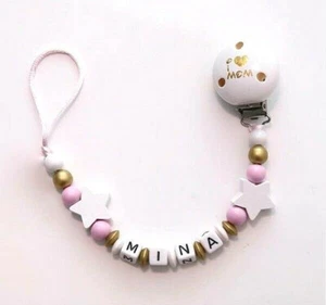 ♥Schnullerkette mit Namen Mädchen♥ Sterne♥ mit Wunschdesign♥gold rosa weiss - Bild 1 von 1