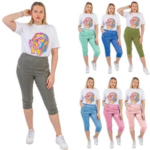 Womens Ladies Elasticated 3/4 Shorts Cropped Capri Summer Trouser Stretch Pants - Picture 1 of 93