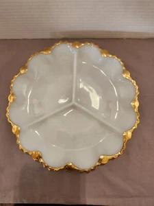 Anchor Hocking Divided Plate 3 Sections White Milk Glass Gold Rim Scalloped Edge - Picture 1 of 6