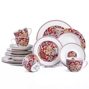 Bone China Dinner Service Set 20pc Porcelain Dinnerware - MORRIS GARDEN Red Gold - Picture 1 of 19
