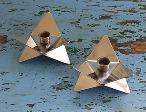 Vintage SatinSteel London Candle Holders. Pair 1970s Geometric Metal Pyramid VGC - Picture 1 of 8