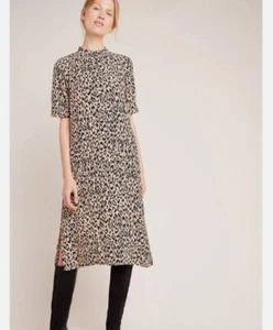By Anthropologie MacKenzie Leopard Print Midi Shift Dress Womens Small Mock Neck - Picture 1 of 8