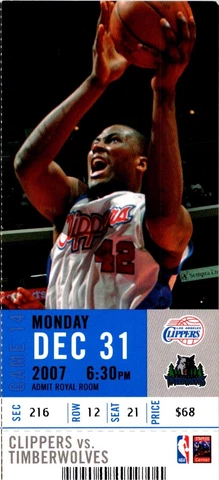 TICKET - Los Angeles Clippers vs Minnesota Timberwolves 12/31/07 Elton Brand #21 Cover