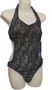 Venus One Piece Monokini Swimsuit Size 10 Black Crochet Look Mesh Halter Neck - Picture 1 of 9