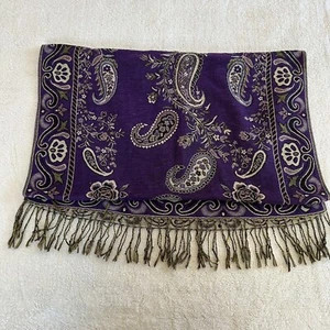 Stunning Paisley Pattern Scarf Wrap Purple And Beige Fringed 66" X 27" - Picture 1 of 4