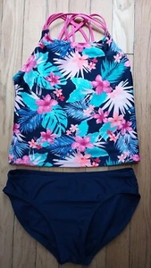 Girls Tankini LARGE 10/12 Bathing Suit Cat & Jack Floral Print Pink Navy EUC - Picture 1 of 6