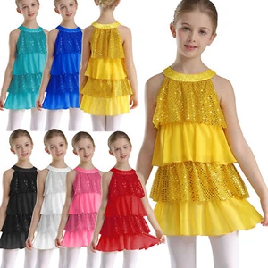 Kids Girls Dress Disco Sequins Ballroom Ruffled Tango Jazz Patchwork Latin Tutu - Picture 1 of 70