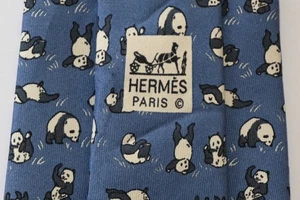 HERMES 7362 PA AUTHENTIC PANDA BEARS BLUE SILK MEN'S Neck Tie W:3 1/2" BY L:59" - Picture 1 of 5