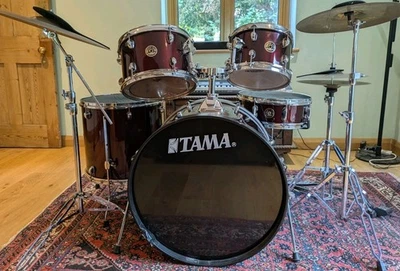 TAMA Drum Kit Burgundy, with throne, cymbals and mutes - Image 1 of 4