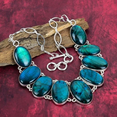 Collar de plata de ley 925 con piedras preciosas de labradorita destello de neón natural joyería Foto 1 de 4