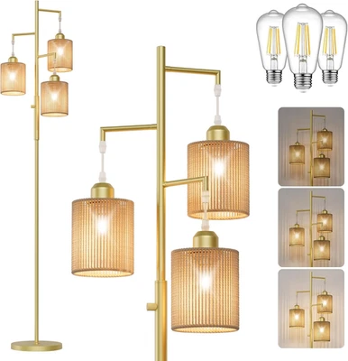 72" Tall Boho Floor Lamp, Dimmable Standing Lamp with Handcrafted Rattan Brown S - Image 1 of 4