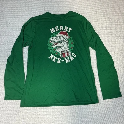 恐龙 Merry Rex-mas 衬衫男孩 XXL 18 绿色长袖圣诞节 T-Rex 全新 — 第 1/4 张图片
