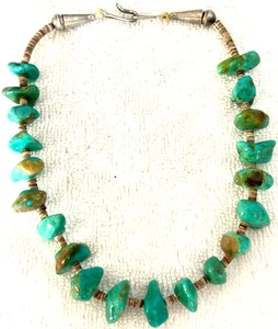 1960s Vtg NAVAJO STERLING SILVER chunk TURQUOISE Bench Bead HEISHI NECKLACE - Picture 1 of 4