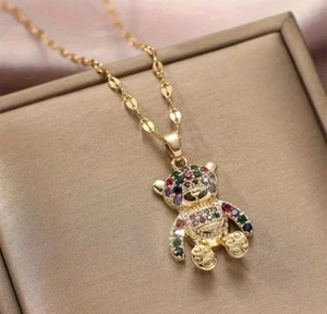 Edelstahl Kette Strass-Damen- Goldfarbe- funkelndem Zirkonia- Teddybär- Anhänger - Bild 1 von 1