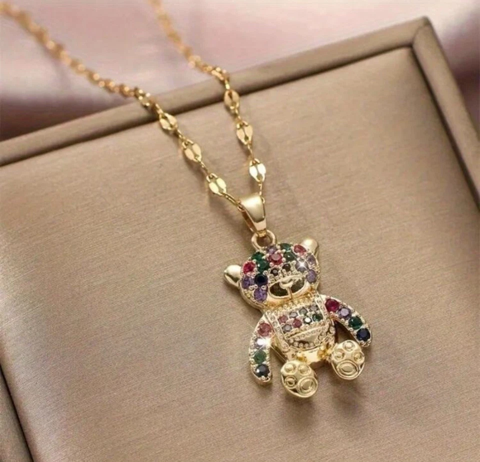 Edelstahl Kette Strass-Damen- Goldfarbe- funkelndem Zirkonia- Teddybär- Anhänger - Bild 1 von 1