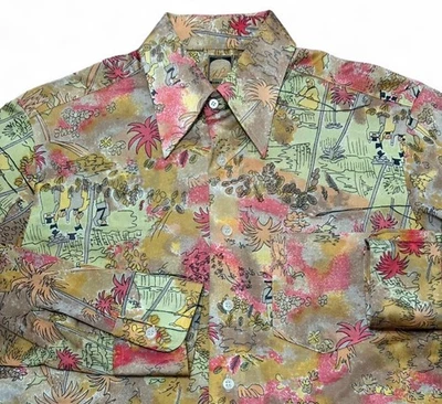Camisa abotonada 100 % nailon años 70, patrón único, verdadera vintage Foto 1 de 3