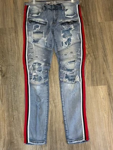 Jeans Preme uomo 32x32 blu invecchiato trash elasticizzato denim fibbia grunge punk - Foto 1 di 9