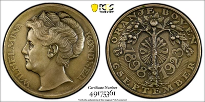 1923 Países Bajos Wilhelmina Inauguración 25 Aniversario Plateado-AE PCGS SP63 Foto 1 de 4