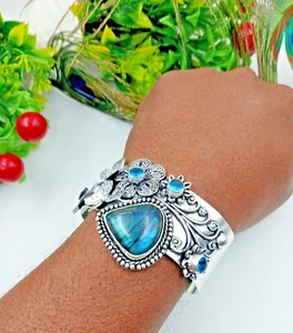 925 Sterling Silver Labradorite &Topaz Gemstone Handmade Jewelry Bracelet - Picture 1 of 5