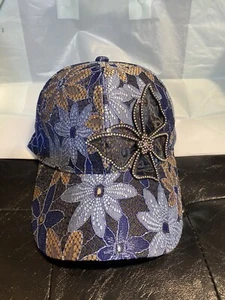Rhinestone Butterfly W/Blue & Tan Floral Women’s Cap Adjustable,Breath,Blingy - Bild 1 von 4