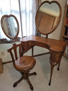 Rare Antique Oak Vanity & Stool w Heart Shaped Mirrors vintage 1900 - Picture 1 of 18