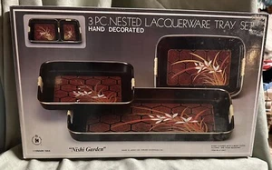 Vintage Alco Industries 3 PC Nishi Garden Nested Lacquerware Serving Tray Set - Picture 1 of 4