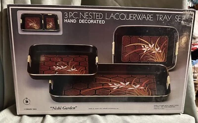Vintage Alco Industries 3 PC Nishi Garden Nested Lacquerware Serving Tray Set - Image 1 of 4