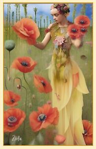 Stunning Exotic Art Print Girl holding poppy flowers 11x17 +signed Ziola