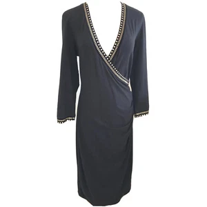 Carmen Marc Valvo 3/4 Sleeve Black Dress Womens Size L V Neck Faux Wrap Studded - Picture 1 of 9