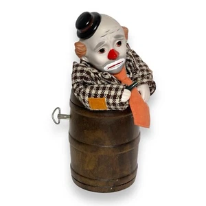 Vintage Sad Clown In a Whiskey Barrel Winding Music Box w/ Animation SEE VIDEO - Picture 1 of 6