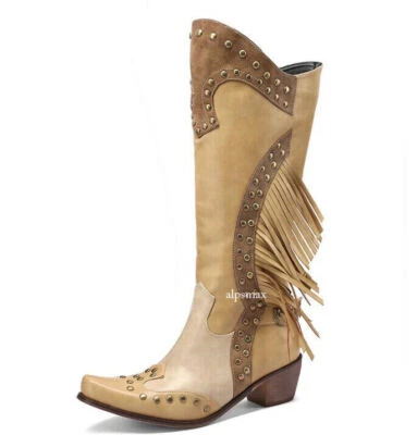 Nuevas Mujeres Borla Western Alto Pantorrilla Media Pantorrilla Botas Vaquero Remaches Tacones Medio Bloque Foto 1 de 4