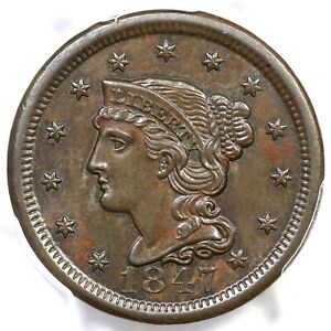 1847 N-38 PCGS MS 63 BN Braided Hair Large Cent Coin 1c
