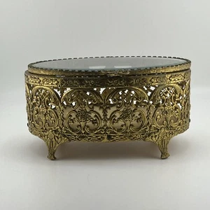 Vintage Matson Ormolu oro portagioie ovale filigrana vetro smussato gioielli floreale - Foto 1 di 4