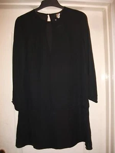 H&M SMART BLACK SHEER LONG SLEEVE TUNIC SHIFT DRESS -BACK BUTTON PEEPHOLE DETAIL - Picture 1 of 4