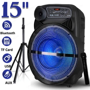 15" Portable Party Bluetooth Speaker Heavy Bass Sound w/ LED Lights, Stand & Mic - Picture 1 of 17