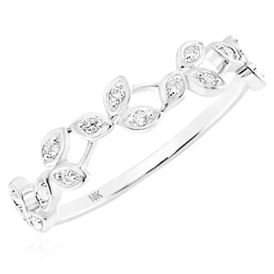 Anillo Apilable Hoja Oro Blanco 10K Diamante Natural 0.10CTW Foto 1 de 3