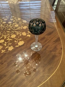 Bohemian Czech Green Cut To Clear Crystal Stemmed Wine Goblet Glass 8.5x3 - Picture 1 of 4