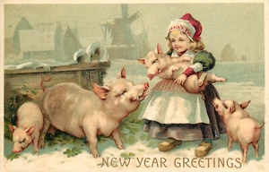 Geprägte Neujahrspostkarte Holländisches Mädchen hält Ferkel in der Nähe anderer Schweine - Bild 1 von 2