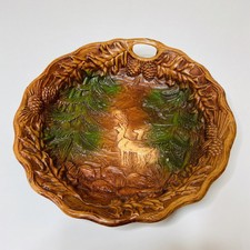Vintage Bowl Deer Faux Wood Resin Woodland Decor Pines Plate 10” Hand Cast