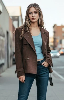 Nueva Chaqueta Motociclista Moda International Gamuza Cuero Marrón Mujer Talla 10 Sin Cinturón Foto 1 de 4