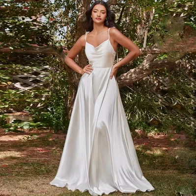 Simple Spaghetti Strap Wedding Dresses for Women Sleeveless Satin Bridal Growns - Image 1 of 4