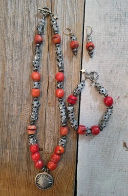 Conjunto de joyas de cuentas de vidrio collar pulsera pendientes naranja claro negro tono plata Foto 1 de 4